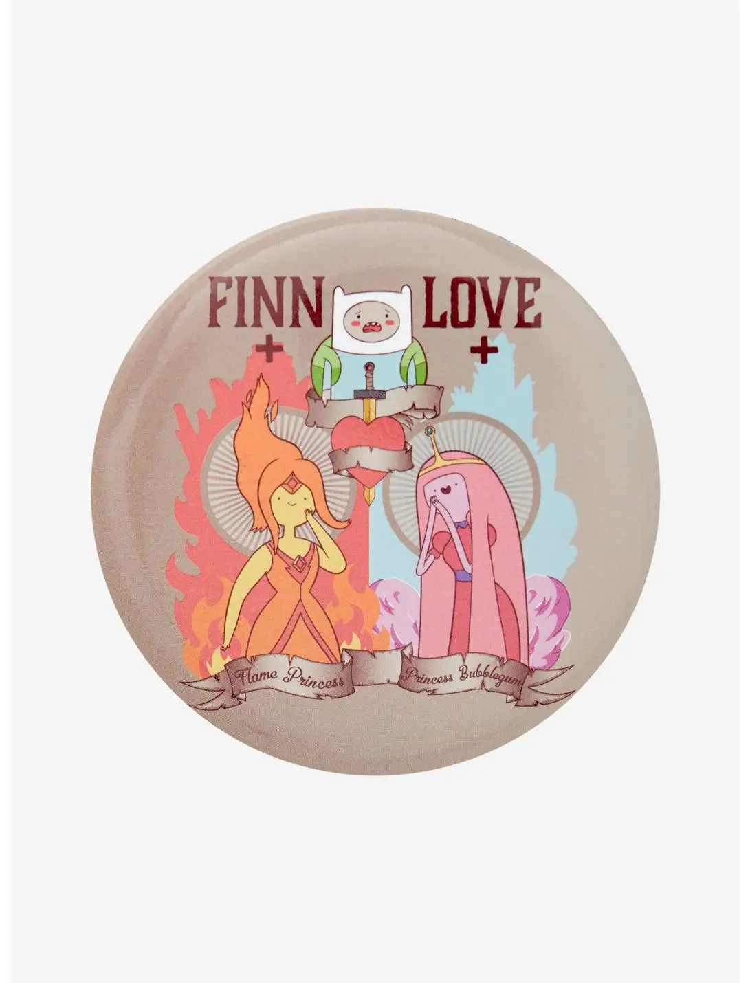 Adventure Time Finn, Princess Bubblegum, and Flame Princess Button Pin